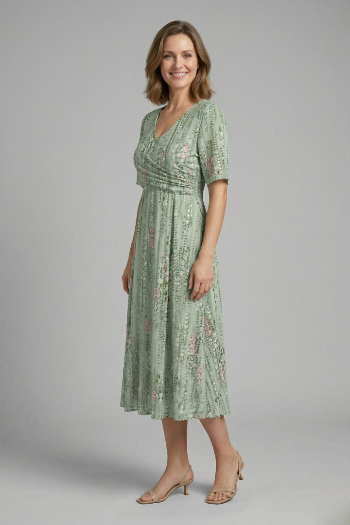 Robe Midi Femme avec Décolleté en V et Manches Courtes