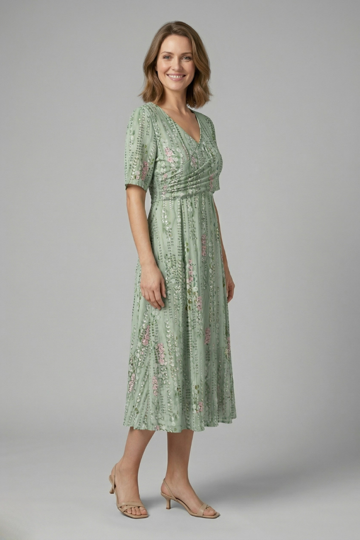 Robe Midi Femme avec Décolleté en V et Manches Courtes