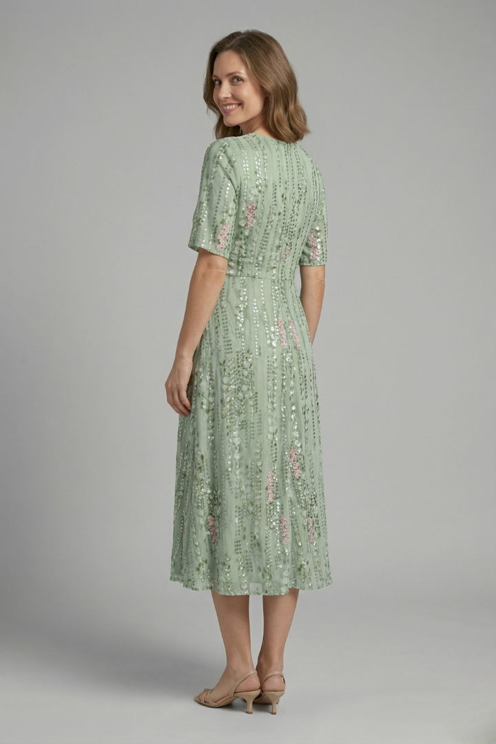 Robe Midi Femme avec Décolleté en V et Manches Courtes
