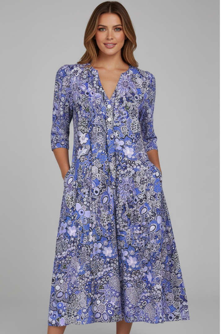 Robe Midi Femme avec Décolleté en V et Manches Trois Quarts