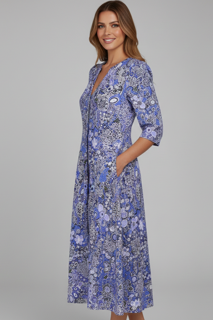 Robe Midi Femme avec Décolleté en V et Manches Trois Quarts