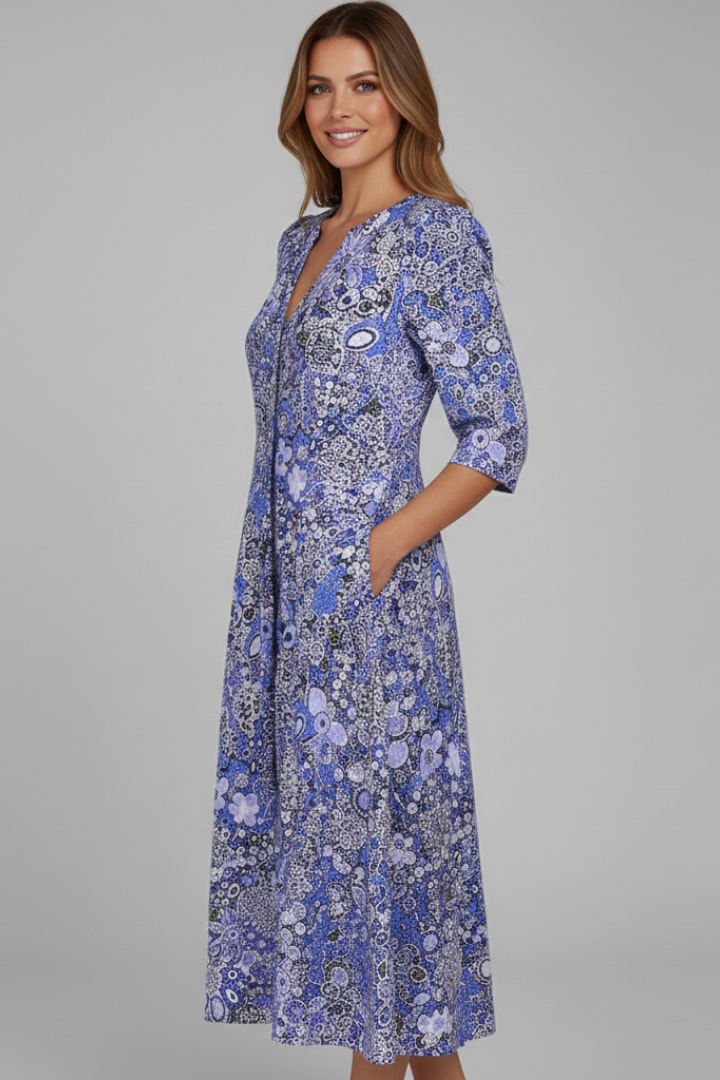 Robe Midi Femme avec Décolleté en V et Manches Trois Quarts