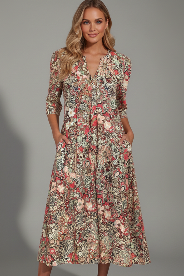 Robe Midi Femme avec Décolleté en V et Manches Trois Quarts