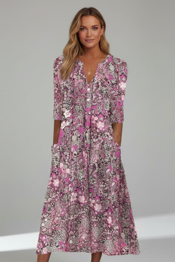 Robe Midi Femme avec Décolleté en V et Manches Trois Quarts