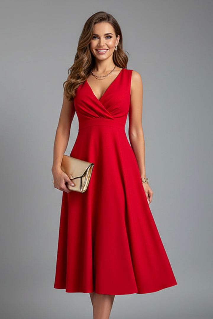 Robe Midi Femme avec Décolleté en V et Fermeture Éclair
