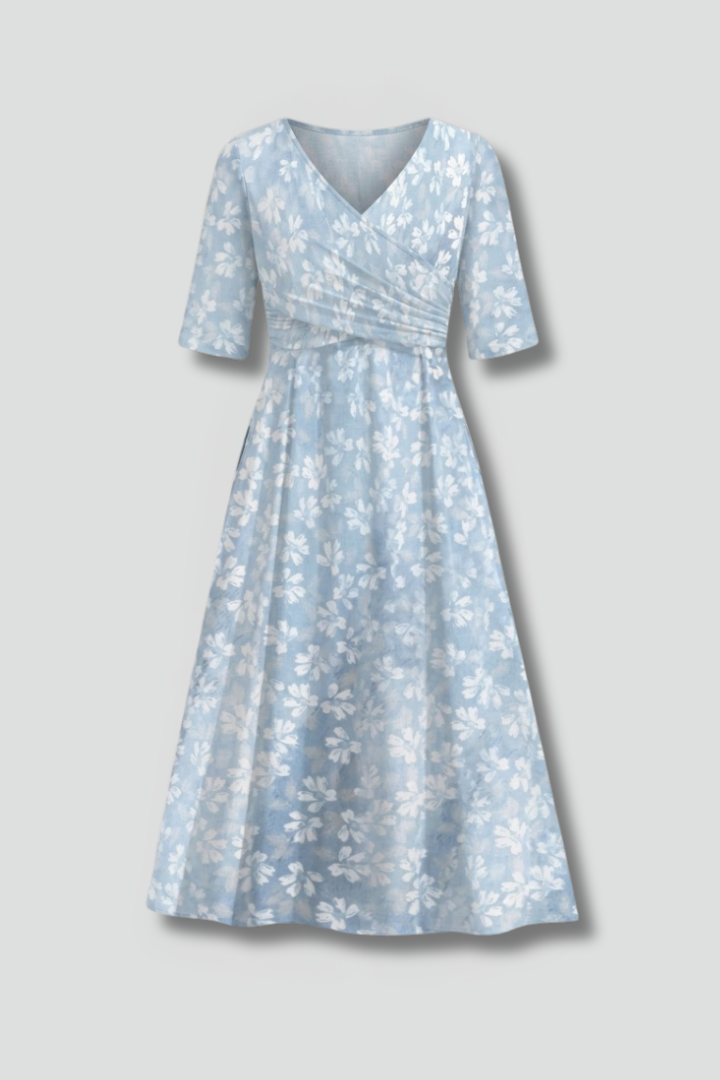 Robe Midi Femme avec Décolleté en V et Poches Latérales
