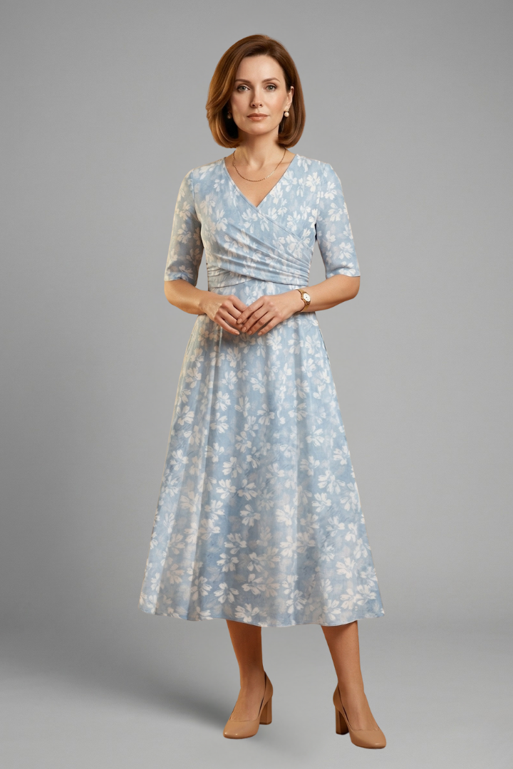 Robe Midi Femme avec Décolleté en V et Poches Latérales