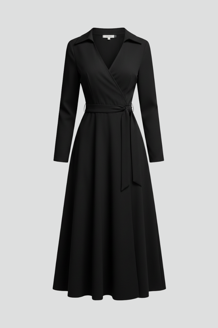 Robe Midi Femme avec Décolleté en V et Manches Longues