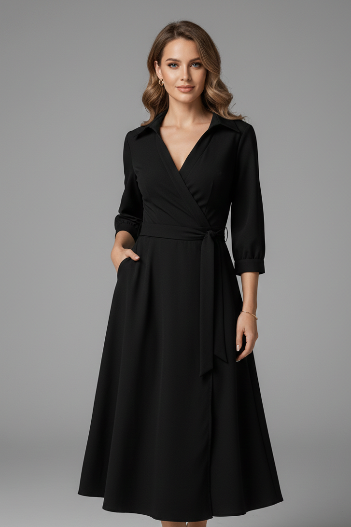 Robe Midi Femme avec Décolleté en V et Manches Longues