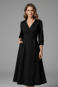Robe Midi Femme avec Décolleté en V et Manches Longues