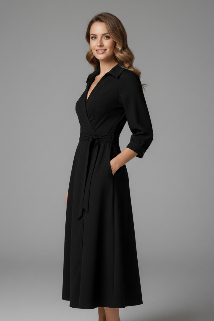 Robe Midi Femme avec Décolleté en V et Manches Longues