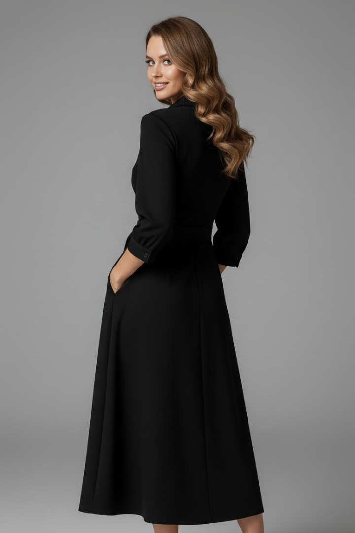 Robe Midi Femme avec Décolleté en V et Manches Longues