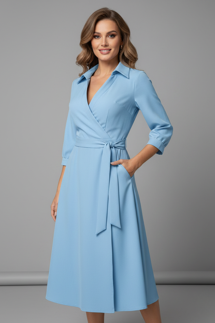 Robe Midi Femme avec Décolleté en V et Manches Longues