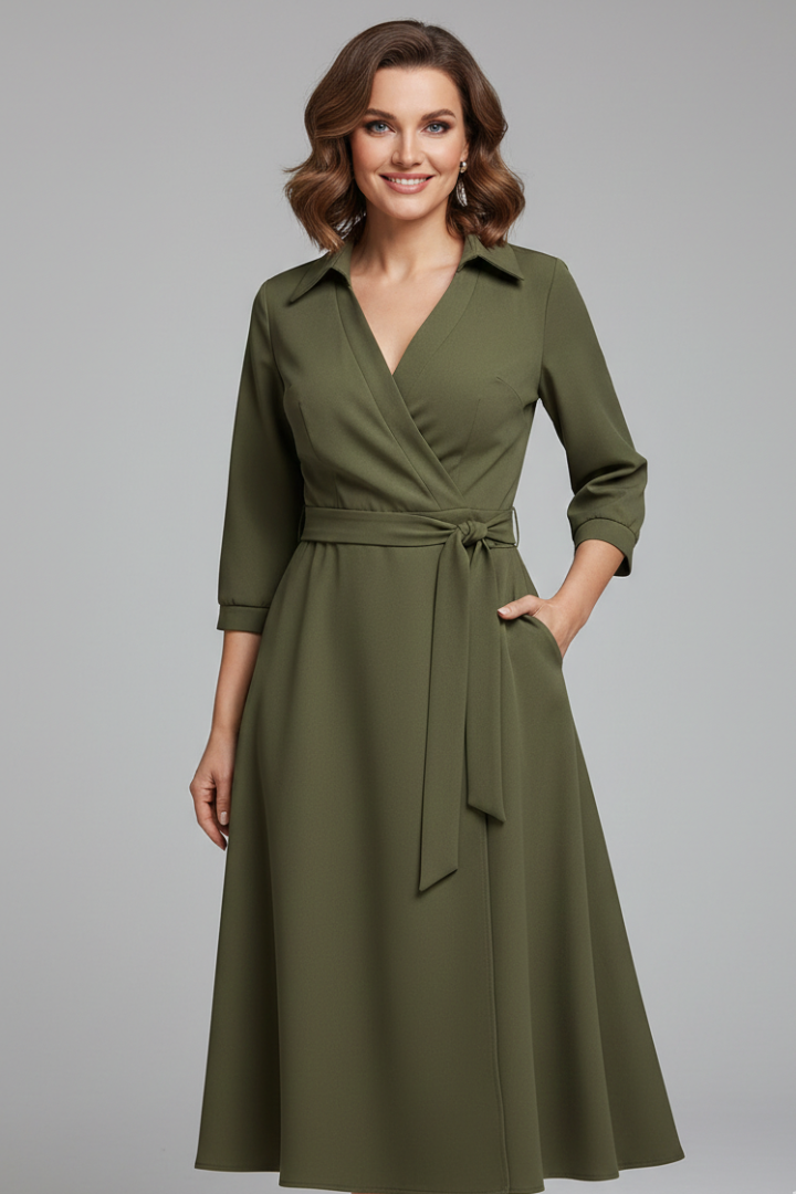 Robe Midi Femme avec Décolleté en V et Manches Longues
