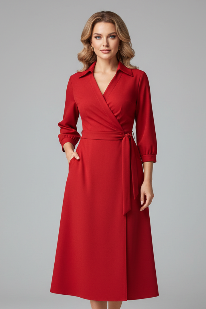 Robe Midi Femme avec Décolleté en V et Manches Longues