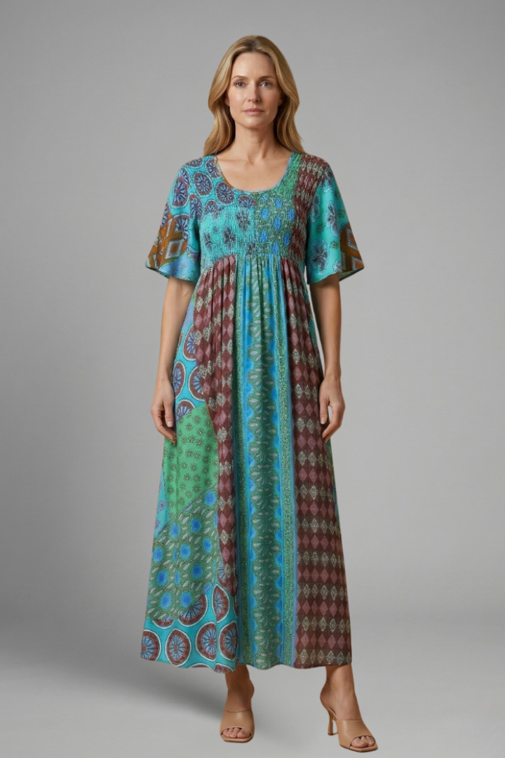 Robe Midi Femme avec Motif Paisley et Encolure Ronde