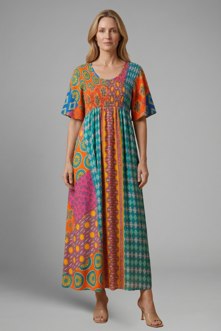 Robe Midi Femme avec Motif Paisley et Encolure Ronde