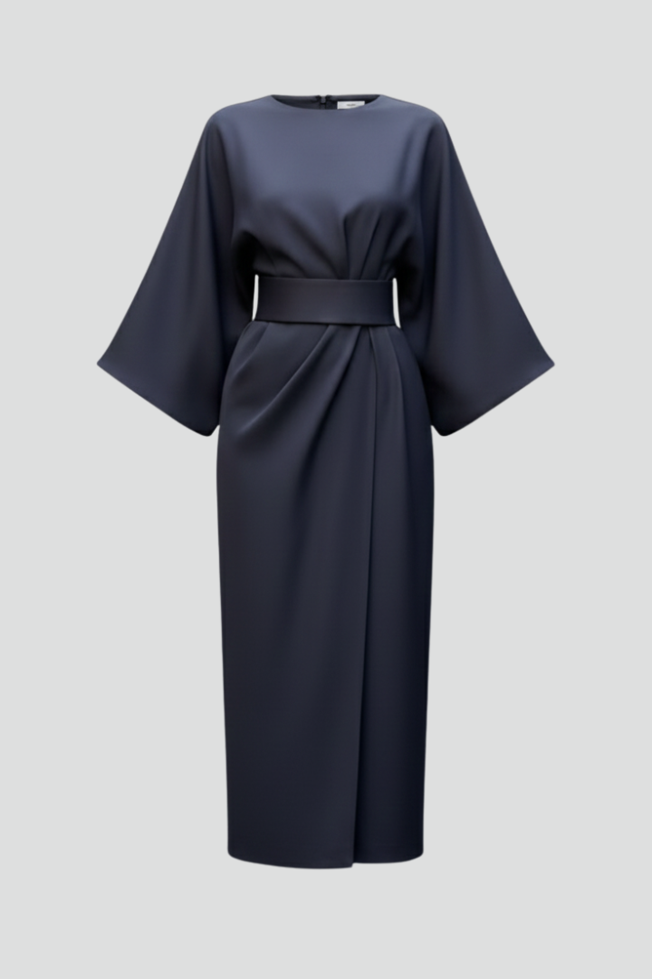 Robe Midi Femme avec Manches Amples et Taille Ceinturée