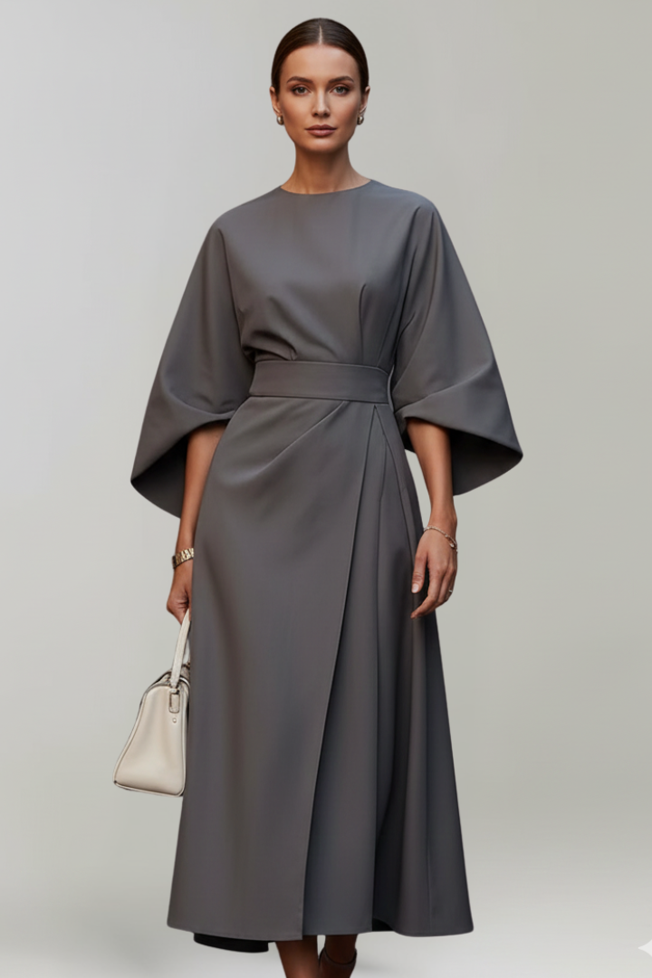 Robe Midi Femme avec Manches Amples et Taille Ceinturée