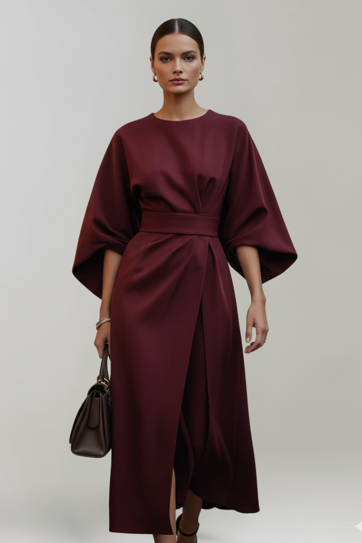Robe Midi Femme avec Manches Amples et Taille Ceinturée