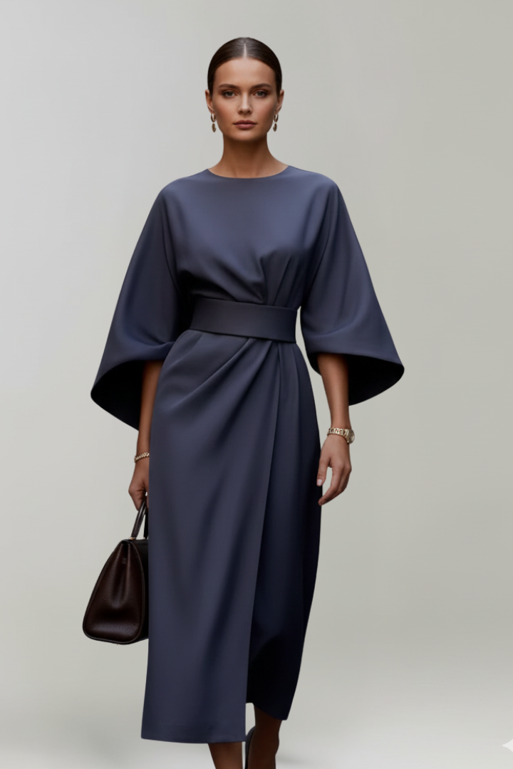 Robe Midi Femme avec Manches Amples et Taille Ceinturée