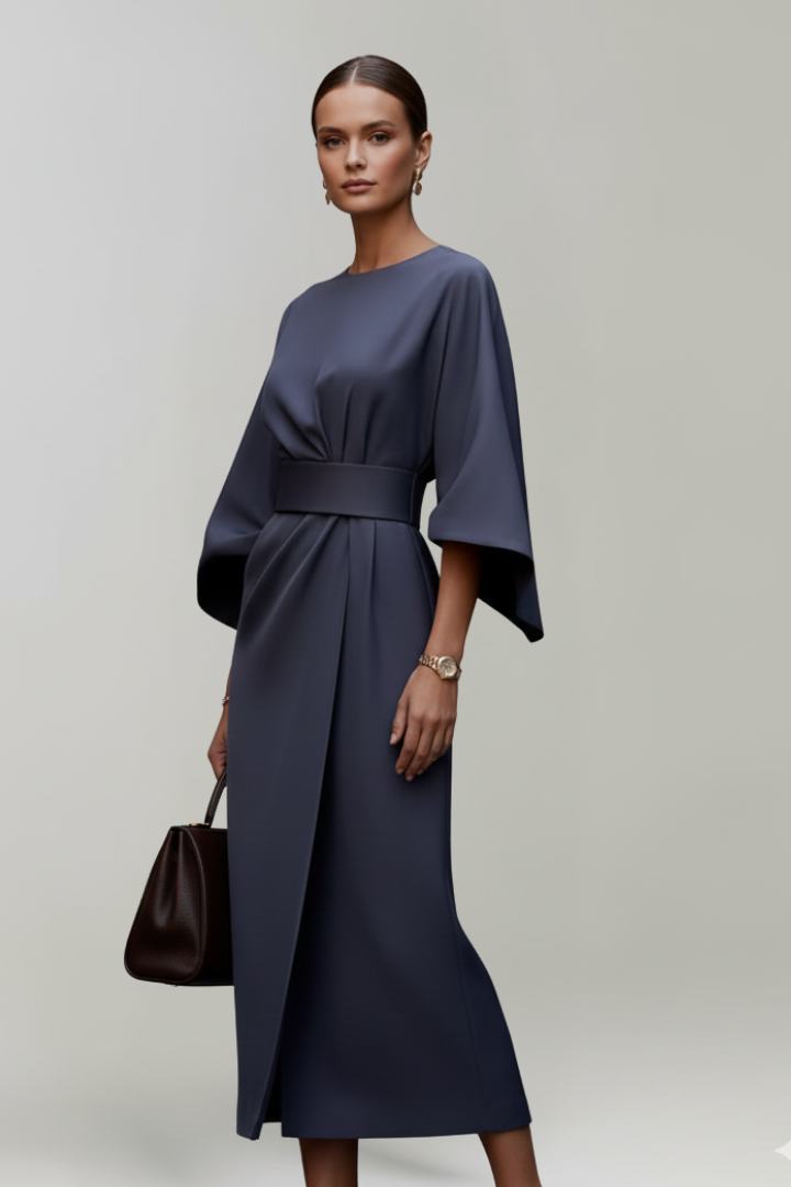 Robe Midi Femme avec Manches Amples et Taille Ceinturée