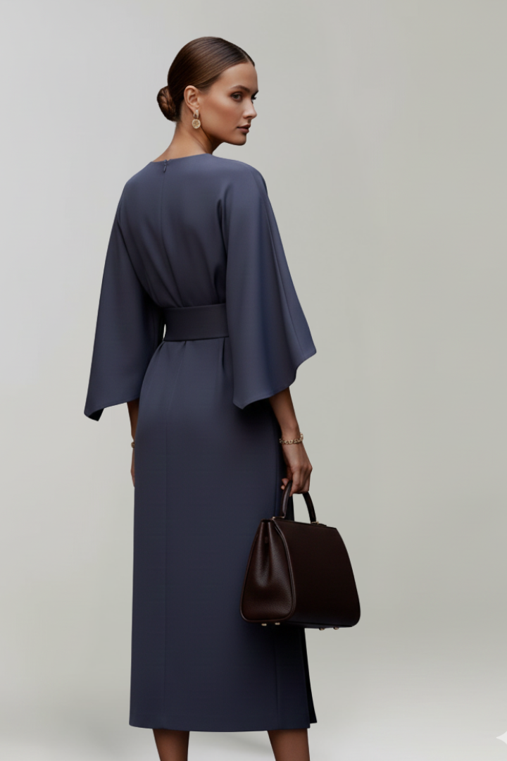 Robe Midi Femme avec Manches Amples et Taille Ceinturée
