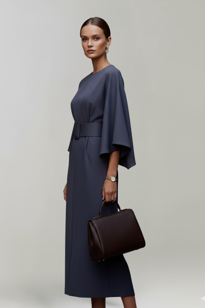 Robe Midi Femme avec Manches Amples et Taille Ceinturée