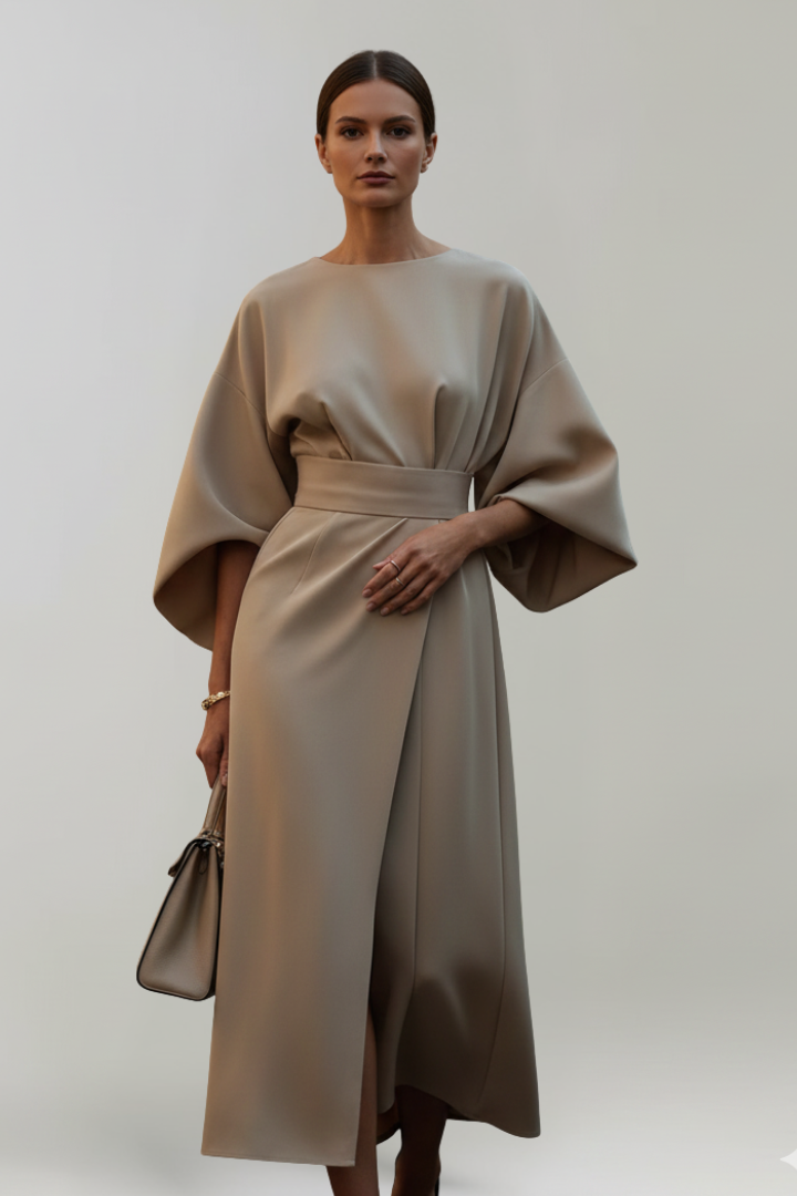 Robe Midi Femme avec Manches Amples et Taille Ceinturée