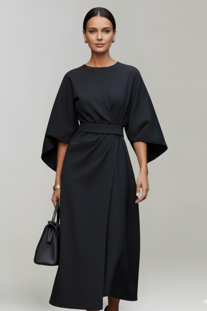Robe Midi Femme avec Manches Amples et Taille Ceinturée