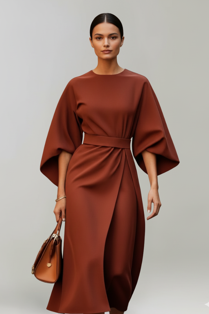 Robe Midi Femme avec Manches Amples et Taille Ceinturée