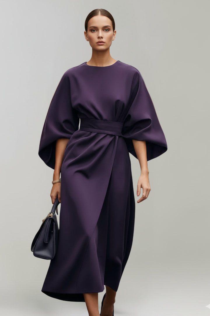 Robe Midi Femme avec Manches Amples et Taille Ceinturée