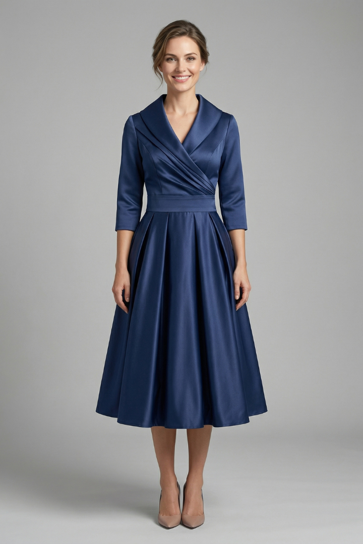 Robe Midi Femme avec Col Croisé et Jupe Plissée