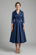 Robe Midi Femme avec Col Croisé et Jupe Plissée