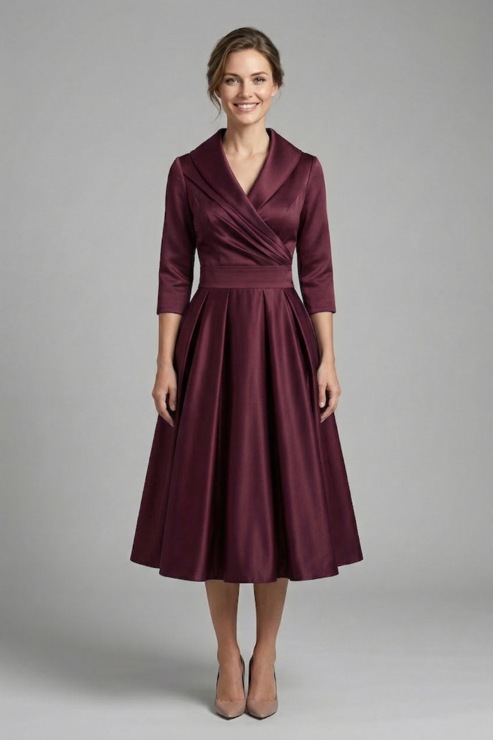 Robe Midi Femme avec Col Croisé et Jupe Plissée