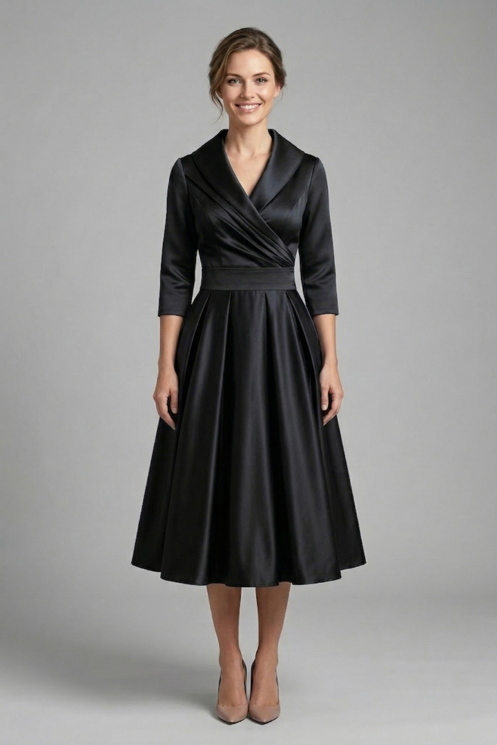 Robe Midi Femme avec Col Croisé et Jupe Plissée