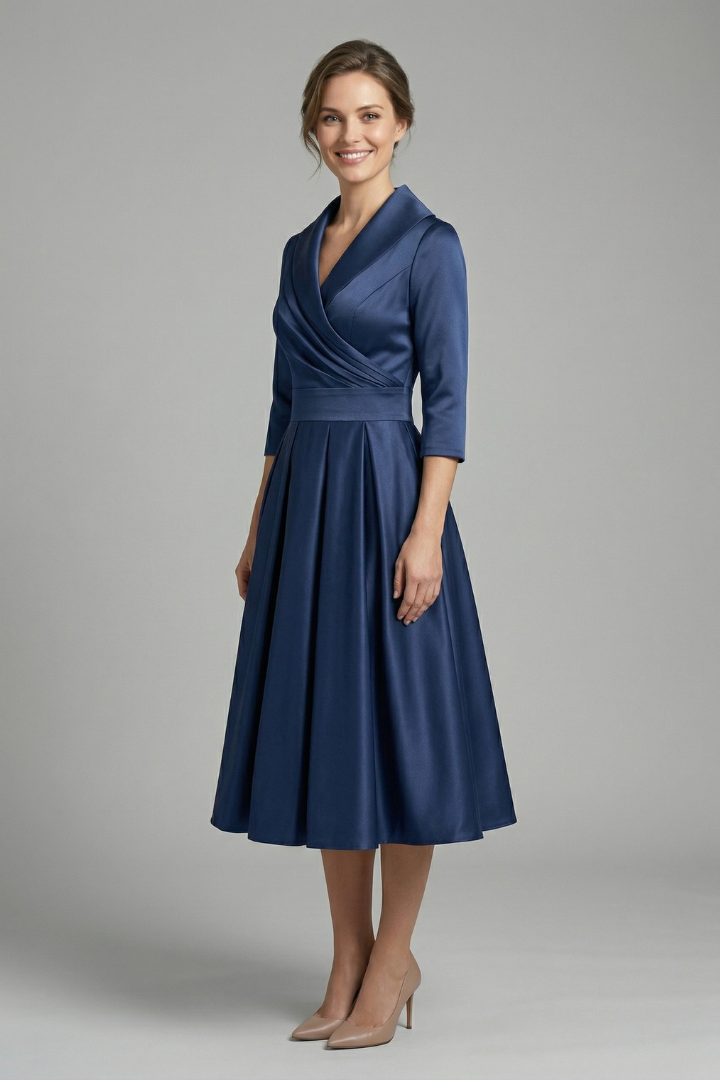Robe Midi Femme avec Col Croisé et Jupe Plissée