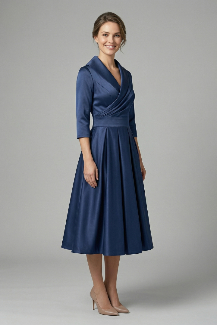 Robe Midi Femme avec Col Croisé et Jupe Plissée