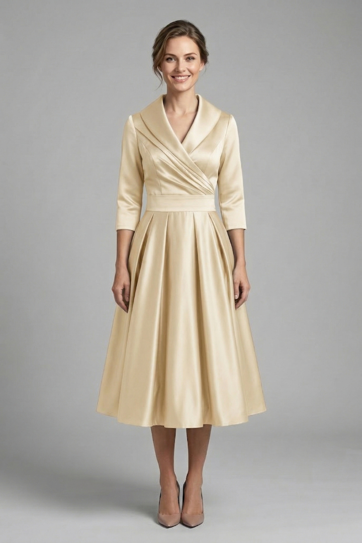 Robe Midi Femme avec Col Croisé et Jupe Plissée