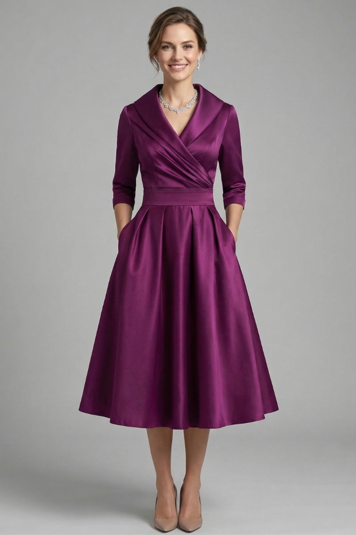 Robe Midi Femme avec Col Croisé et Jupe Plissée