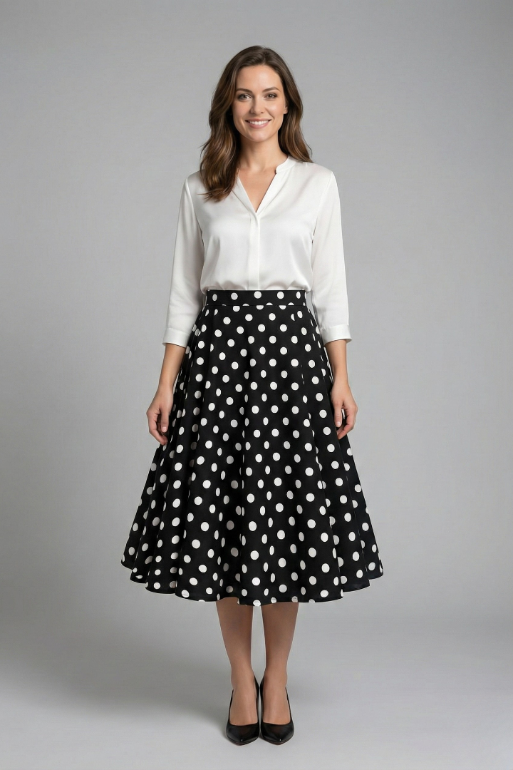 Jupe Midi Femme à Taille Haute et Imprimé Pois