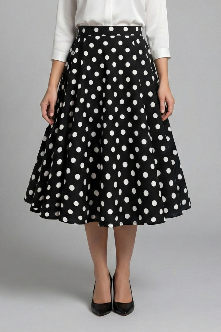 Jupe Midi Femme à Taille Haute et Imprimé Pois