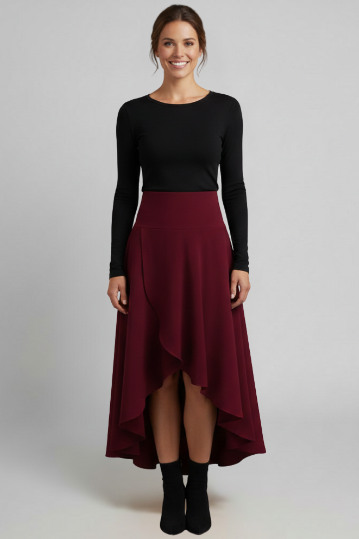 Jupe Midi Femme avec Ourlet Superposé et Taille Haute