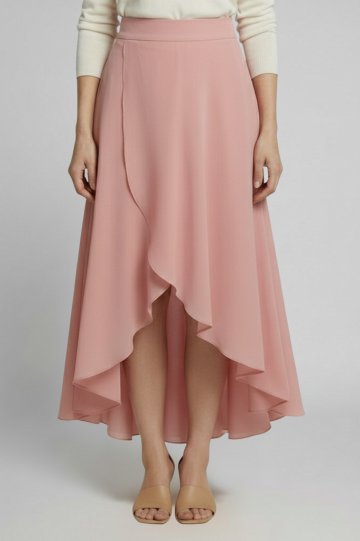Jupe Midi Femme avec Ourlet Superposé et Taille Haute