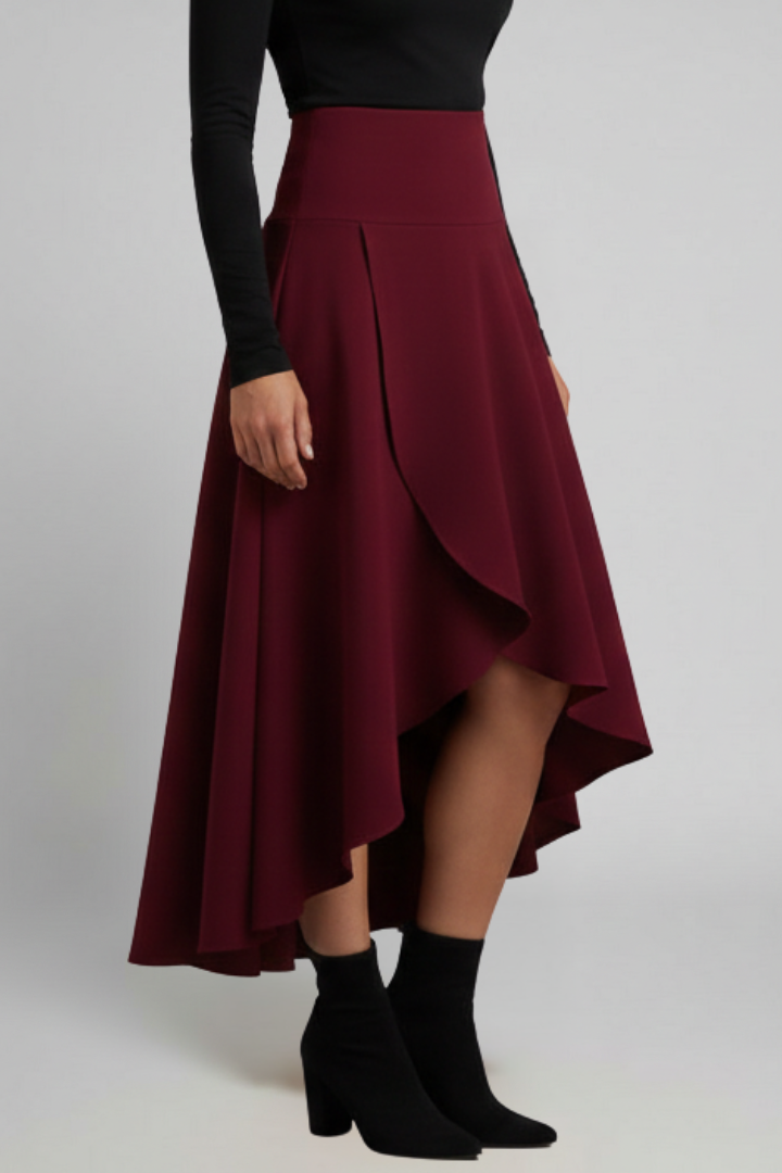 Jupe Midi Femme avec Ourlet Superposé et Taille Haute