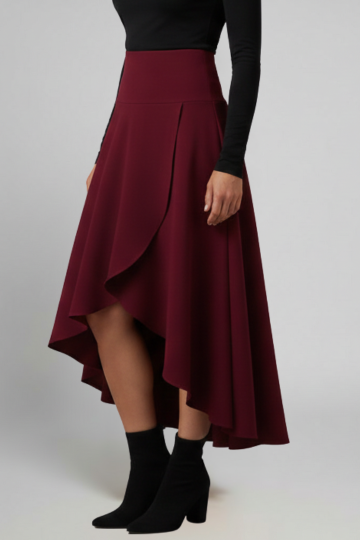 Jupe Midi Femme avec Ourlet Superposé et Taille Haute