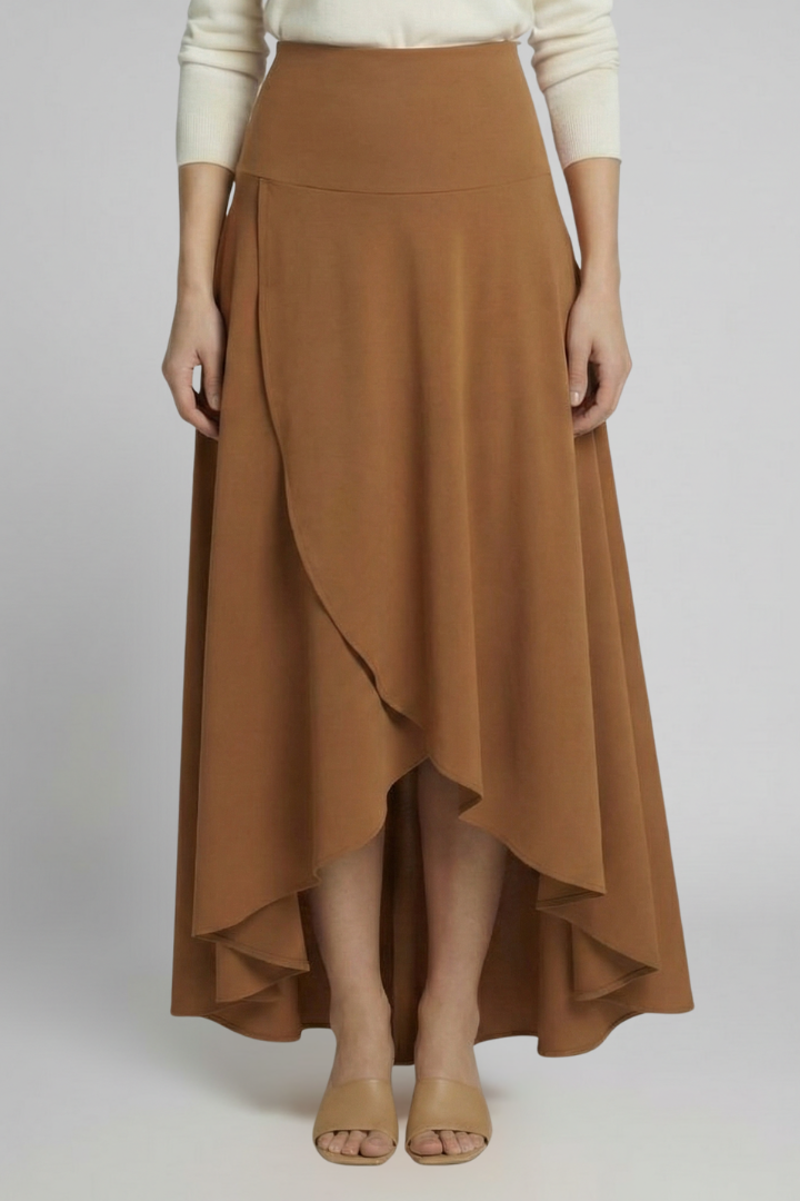 Jupe Midi Femme avec Ourlet Superposé et Taille Haute