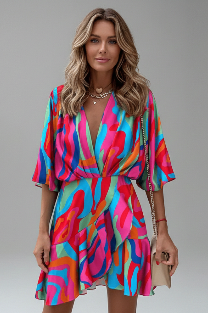 Robe Mini Femme avec Manches Chauve-Souris et Ceinture à Nouer