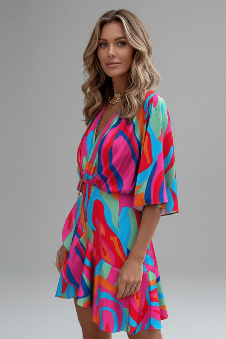 Robe Mini Femme avec Manches Chauve-Souris et Ceinture à Nouer