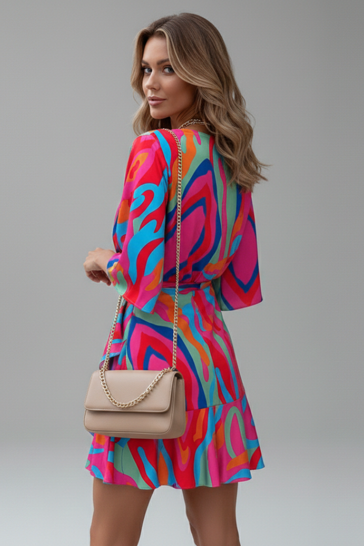 Robe Mini Femme avec Manches Chauve-Souris et Ceinture à Nouer